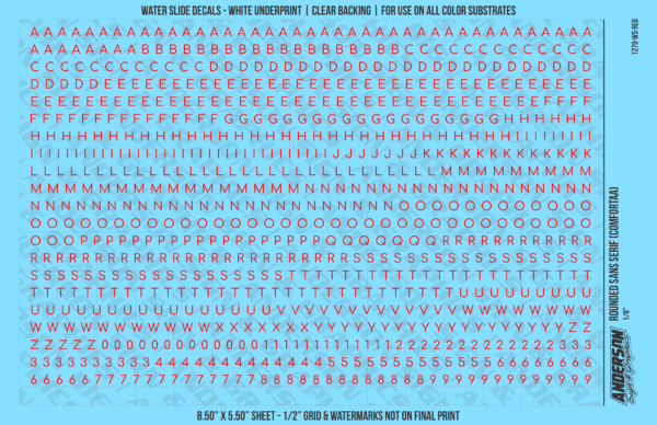 ASG Waterslide Decals - Rounded Sans Serif Lettering Numbers 1/8"