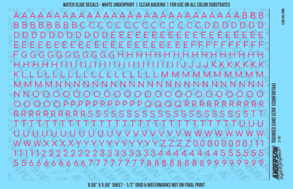 ASG Waterslide Decals - Rounded Sans Serif Lettering Numbers 3/16"