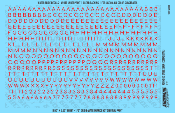 ASG Waterslide Decals - Rounded Sans Serif Lettering Numbers 3/16"