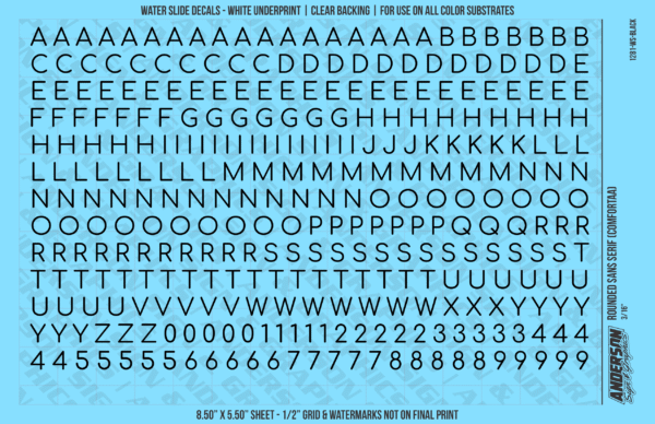 ASG Waterslide Decals - Rounded Sans Serif Lettering Numbers 1/4"