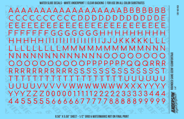 ASG Waterslide Decals - Rounded Sans Serif Lettering Numbers 1/4"