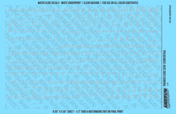 ASG Waterslide Decals - Rounded Sans Serif Lettering Numbers 1/4"