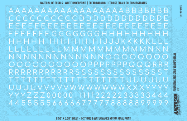 ASG Waterslide Decals - Rounded Sans Serif Lettering Numbers 1/4"