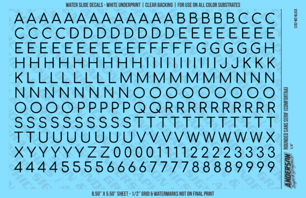 ASG Waterslide Decals - Rounded Sans Serif Lettering Numbers 5/16"