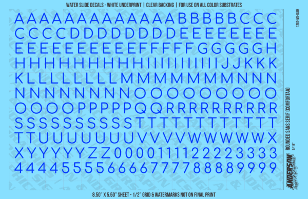 ASG Waterslide Decals - Rounded Sans Serif Lettering Numbers 5/16"