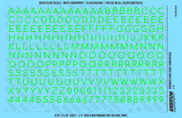 ASG Waterslide Decals - Rounded Sans Serif Lettering Numbers 5/16"