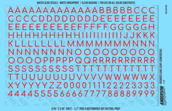 ASG Waterslide Decals - Rounded Sans Serif Lettering Numbers 5/16"