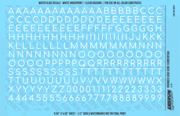 ASG Waterslide Decals - Rounded Sans Serif Lettering Numbers 5/16"
