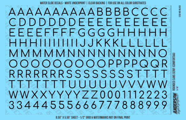 ASG Waterslide Decals - Rounded Sans Serif Lettering Numbers 3/8"