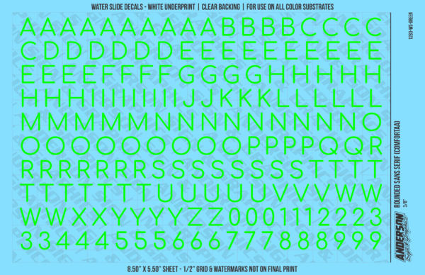 ASG Waterslide Decals - Rounded Sans Serif Lettering Numbers 3/8"