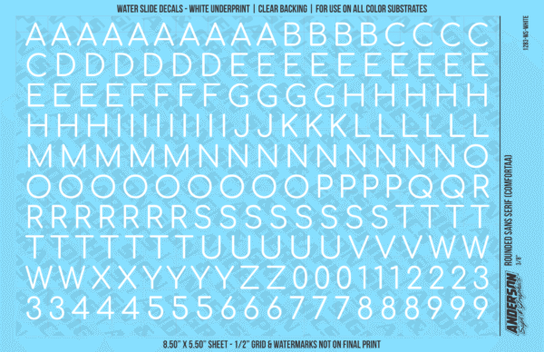ASG Waterslide Decals - Rounded Sans Serif Lettering Numbers 3/8"