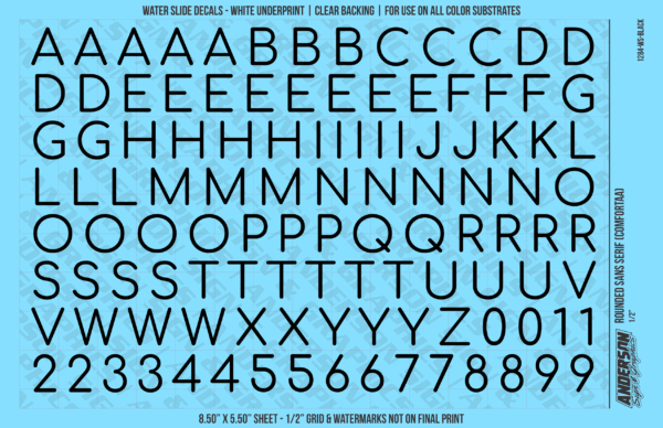 ASG Waterslide Decals - Rounded Sans Serif Lettering Numbers 1/2"