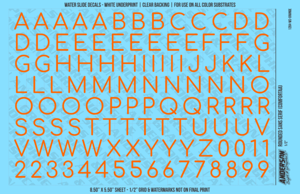 ASG Waterslide Decals - Rounded Sans Serif Lettering Numbers 1/2"