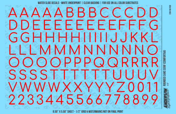 ASG Waterslide Decals - Rounded Sans Serif Lettering Numbers 1/2"