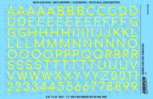 ASG Waterslide Decals - Rounded Sans Serif Lettering Numbers 1/2"
