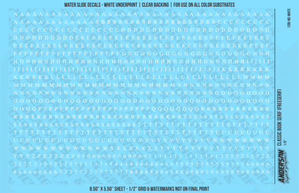 ASG Waterslide Decals - Classic Book Serif Lettering Numbers 1/8"