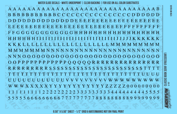 ASG Waterslide Decals - Classic Book Serif Lettering Numbers 3/16"