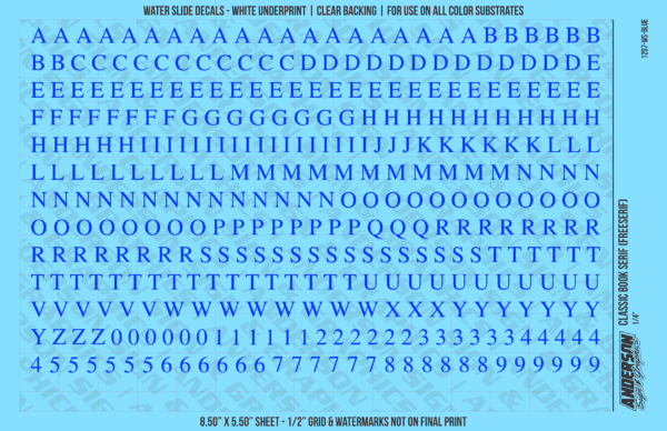 ASG Waterslide Decals - Classic Book Serif Lettering Numbers 1/4"
