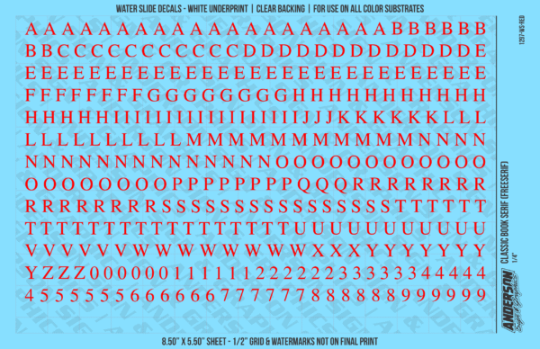 ASG Waterslide Decals - Classic Book Serif Lettering Numbers 1/4"