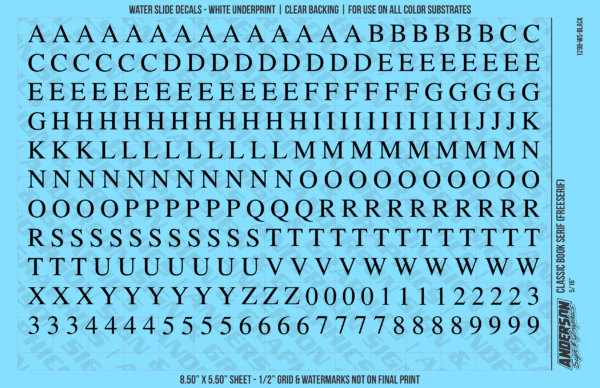 ASG Waterslide Decals - Classic Book Serif Lettering Numbers 5/16"