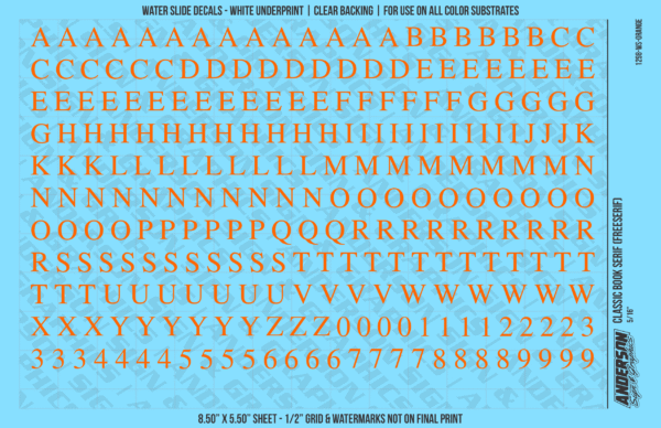 ASG Waterslide Decals - Classic Book Serif Lettering Numbers 5/16"