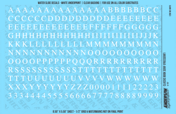 ASG Waterslide Decals - Classic Book Serif Lettering Numbers 5/16"