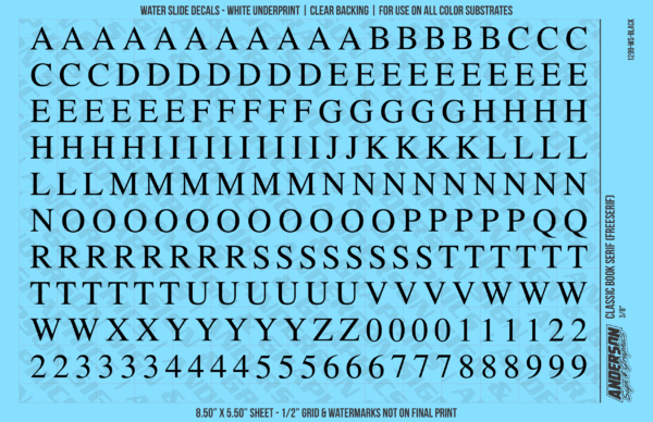 ASG Waterslide Decals - Classic Book Serif Lettering Numbers 3/8"