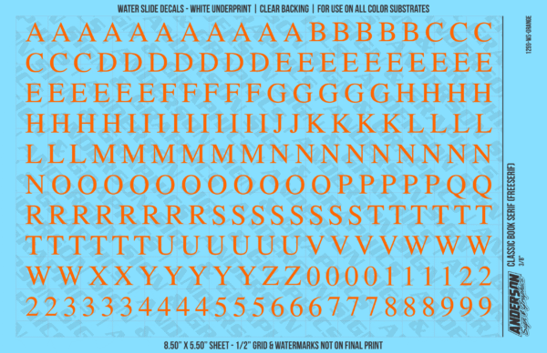 ASG Waterslide Decals - Classic Book Serif Lettering Numbers 3/8"
