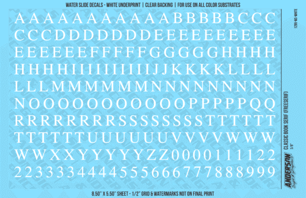 ASG Waterslide Decals - Classic Book Serif Lettering Numbers 3/8"