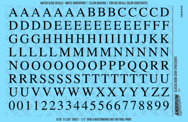 ASG Waterslide Decals - Classic Book Serif Lettering Numbers 1/2"