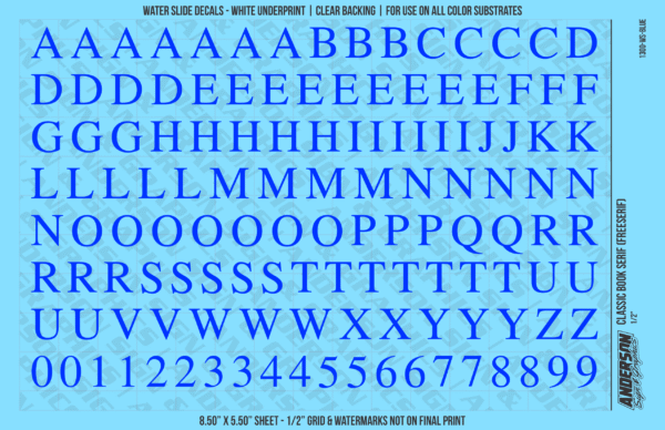 ASG Waterslide Decals - Classic Book Serif Lettering Numbers 1/2"
