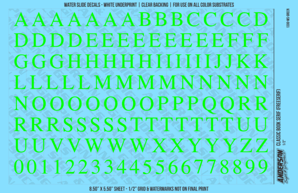 ASG Waterslide Decals - Classic Book Serif Lettering Numbers 1/2"