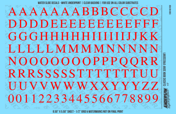 ASG Waterslide Decals - Classic Book Serif Lettering Numbers 1/2"
