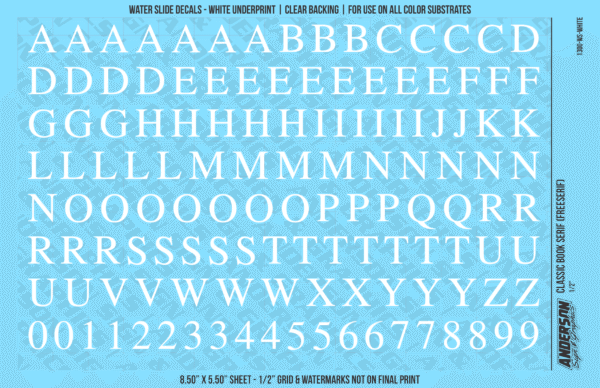 ASG Waterslide Decals - Classic Book Serif Lettering Numbers 1/2"
