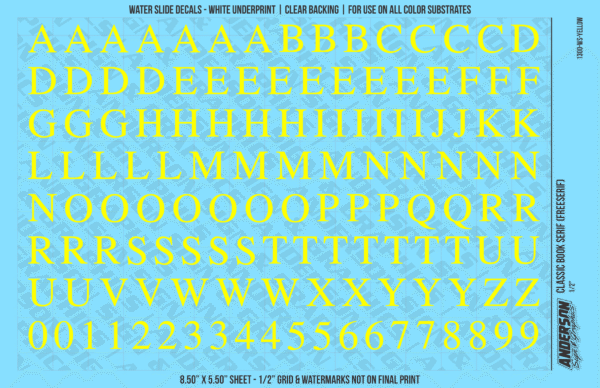ASG Waterslide Decals - Classic Book Serif Lettering Numbers 1/2"