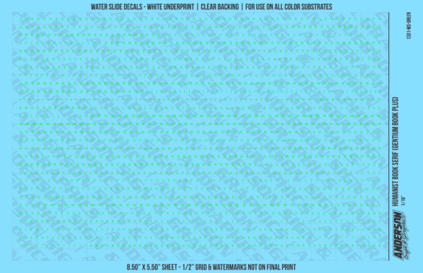 1301-WS-Green.png ASG Waterslide Decals - Humanist Book Serif Lettering Numbers 1/16"