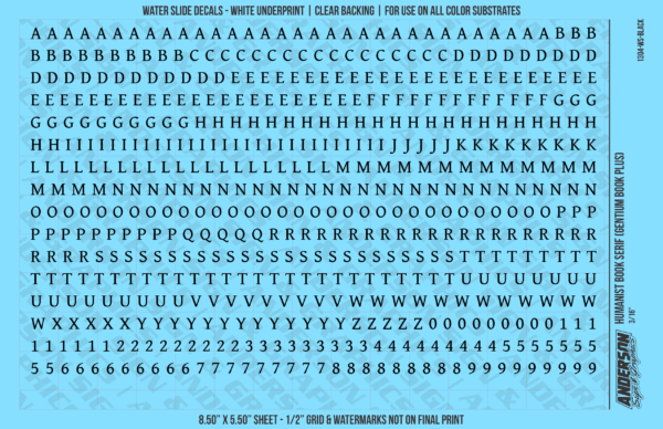 ASG Waterslide Decals - Humanist Book Serif Lettering Numbers 3/16"