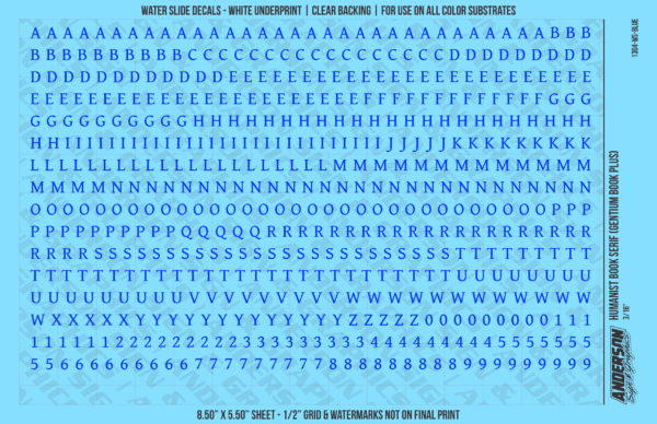 ASG Waterslide Decals - Humanist Book Serif Lettering Numbers 3/16"