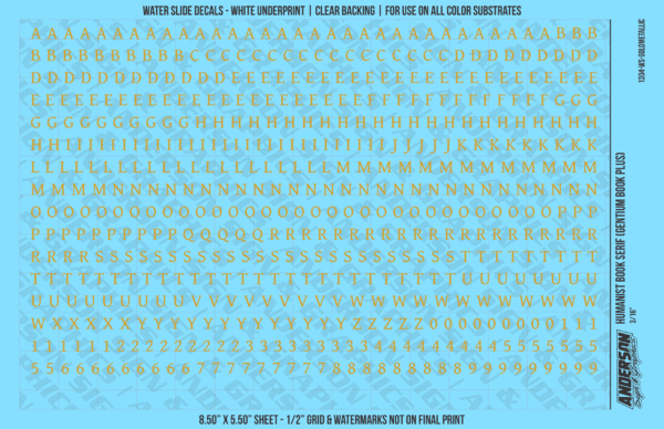 ASG Waterslide Decals - Humanist Book Serif Lettering Numbers 3/16"