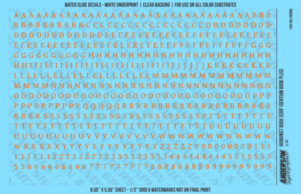 ASG Waterslide Decals - Humanist Book Serif Lettering Numbers 3/16"
