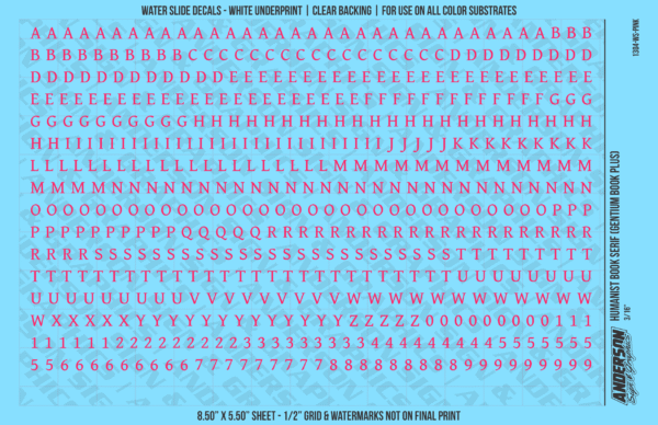ASG Waterslide Decals - Humanist Book Serif Lettering Numbers 3/16"