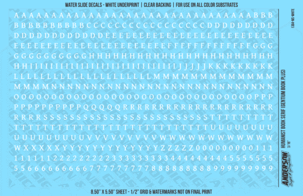 ASG Waterslide Decals - Humanist Book Serif Lettering Numbers 3/16"