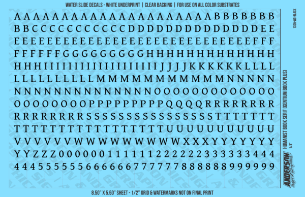 ASG Waterslide Decals - Humanist Book Serif Lettering Numbers 1/4"