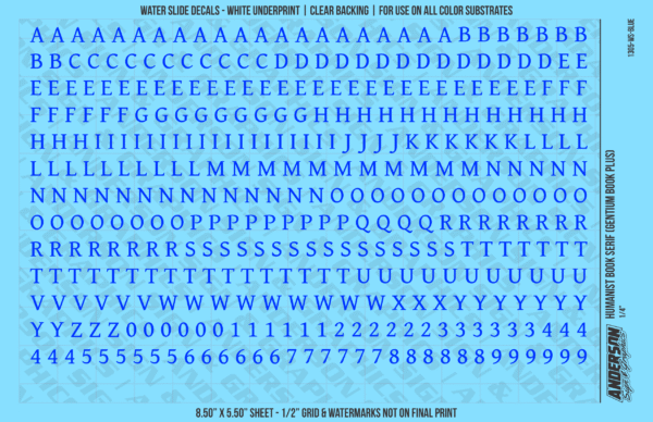 ASG Waterslide Decals - Humanist Book Serif Lettering Numbers 1/4"