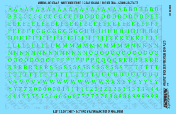 ASG Waterslide Decals - Humanist Book Serif Lettering Numbers 1/4"