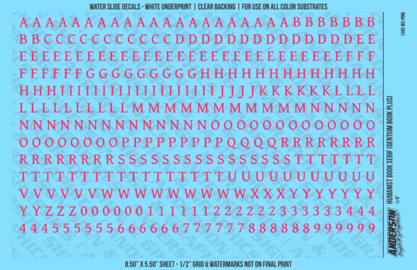 ASG Waterslide Decals - Humanist Book Serif Lettering Numbers 1/4"