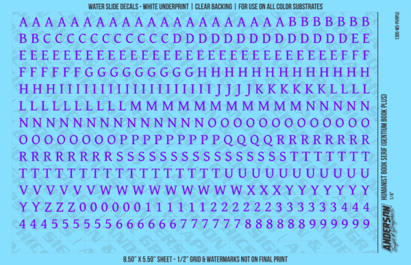 ASG Waterslide Decals - Humanist Book Serif Lettering Numbers 1/4"