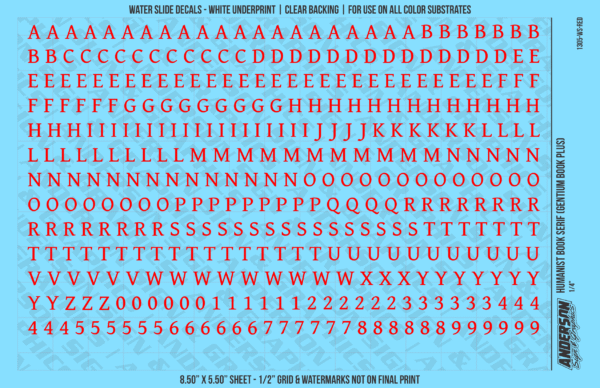 ASG Waterslide Decals - Humanist Book Serif Lettering Numbers 1/4"
