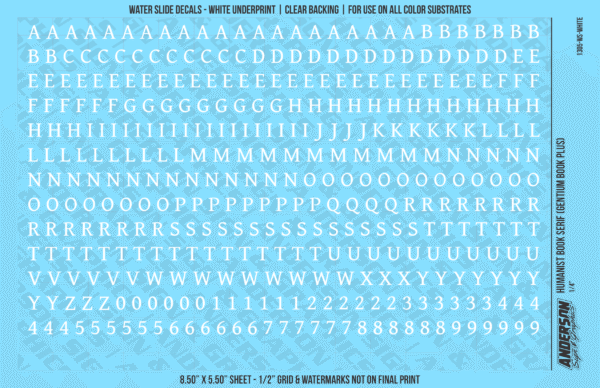 ASG Waterslide Decals - Humanist Book Serif Lettering Numbers 1/4"