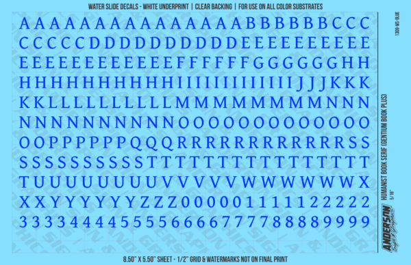 ASG Waterslide Decals - Humanist Book Serif Lettering Numbers 5/16"